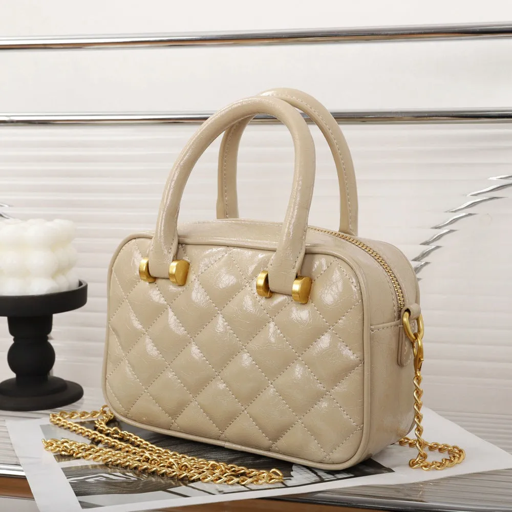 Boston bag genuine leather women's bag, high-end small fragrant wind rhombus chain bag, oil wax cowhide crossbody handbag 8169