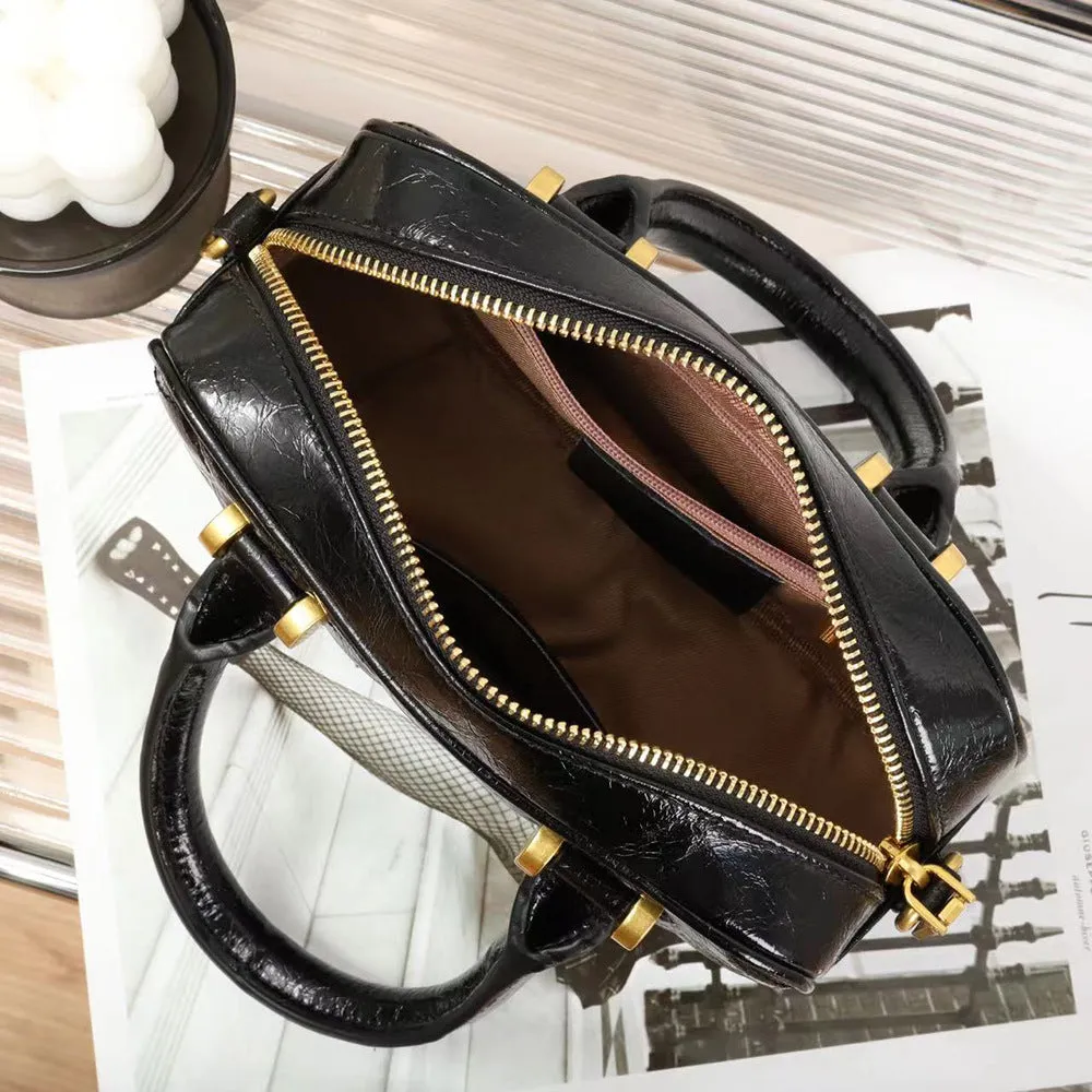 Boston bag genuine leather women's bag, high-end small fragrant wind rhombus chain bag, oil wax cowhide crossbody handbag 8169