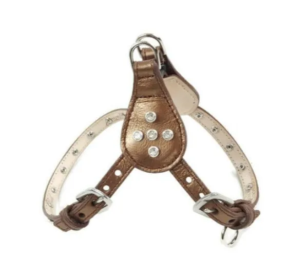 Brie Metallic Leather Step-In Dog Harness with Crystals on Straps & Side Tabs