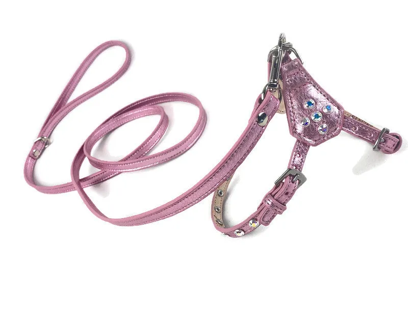 Brie Metallic Leather Step-In Dog Harness with Crystals on Straps & Side Tabs