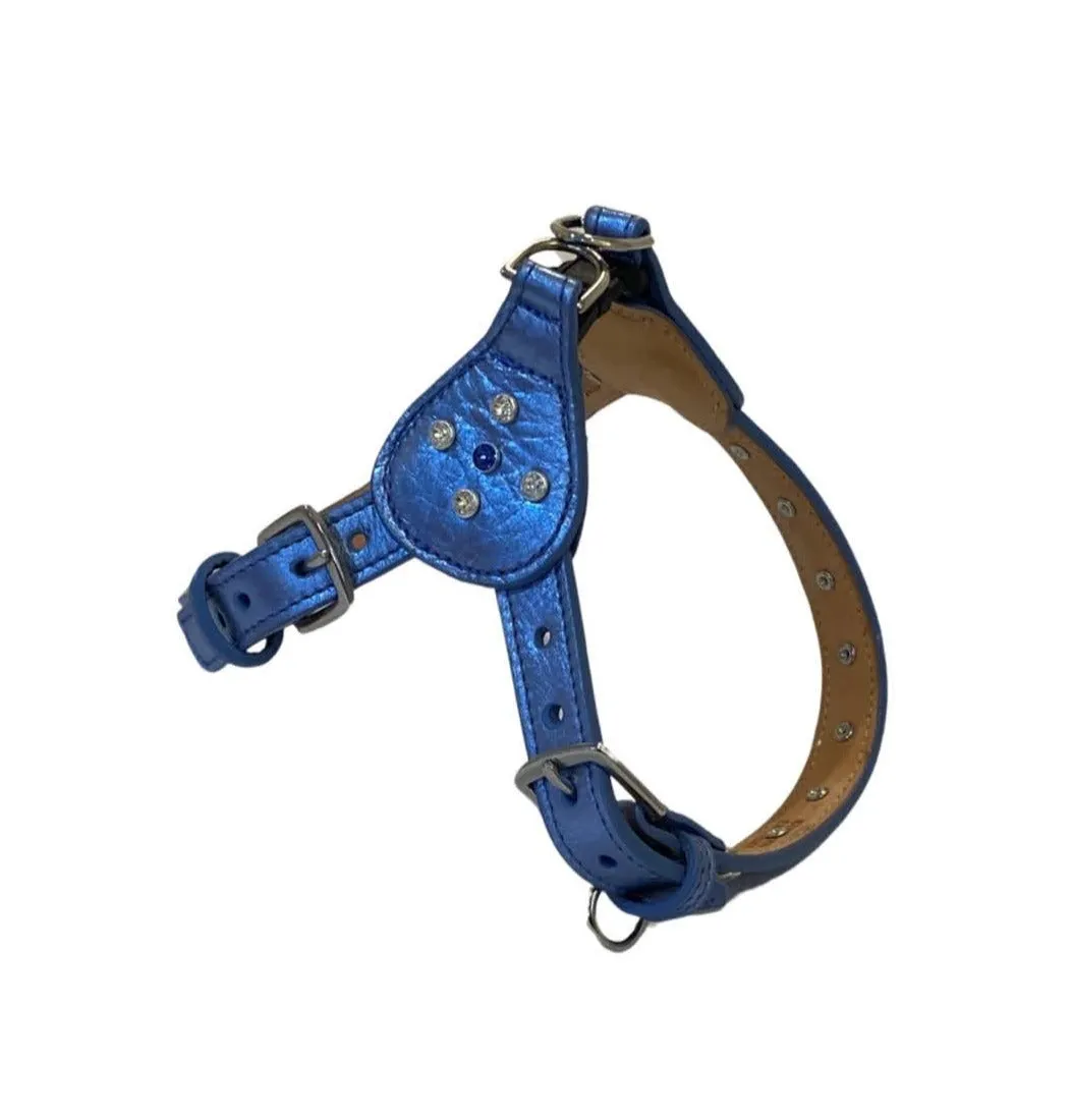 Brie Metallic Leather Step-In Dog Harness with Crystals on Straps & Side Tabs