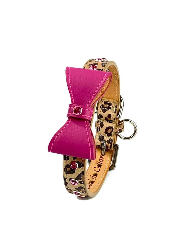 Brie Small or Medium Size Bow Leather Collar with Austrian Crystals on Collar & Loop