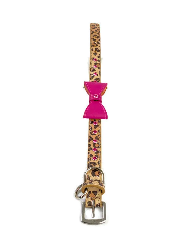 Brie Small or Medium Size Bow Leather Collar with Austrian Crystals on Collar & Loop