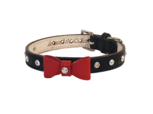 Brie Small or Medium Size Bow Leather Collar with Austrian Crystals on Collar & Loop