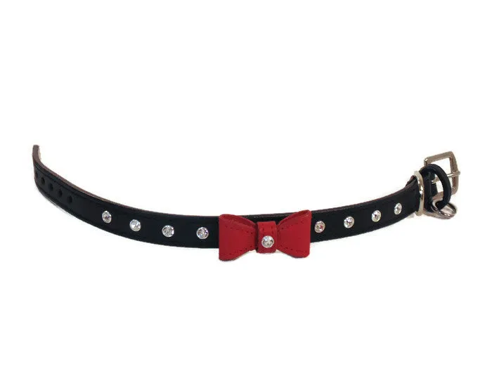 Brie Small or Medium Size Bow Leather Collar with Austrian Crystals on Collar & Loop