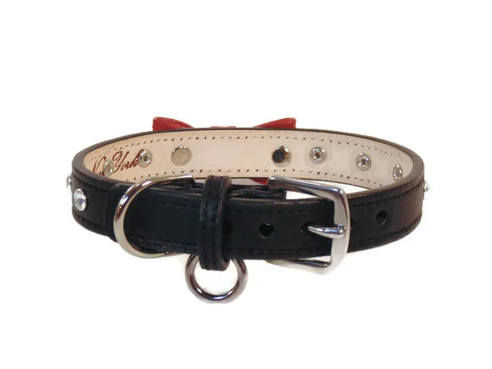 Brie Small or Medium Size Bow Leather Collar with Austrian Crystals on Collar & Loop