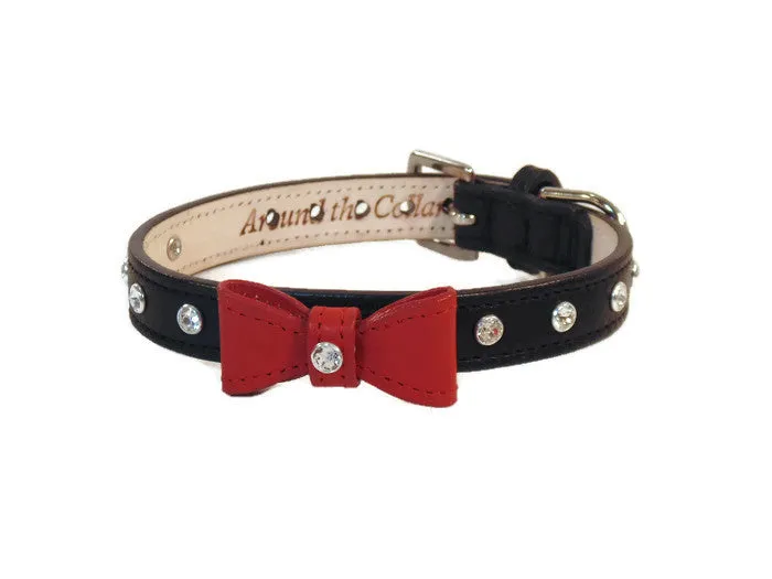 Brie Small or Medium Size Bow Leather Collar with Austrian Crystals on Collar & Loop