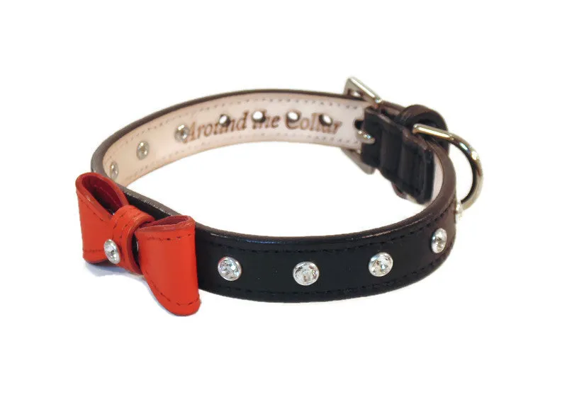 Brie Small or Medium Size Bow Leather Collar with Austrian Crystals on Collar & Loop