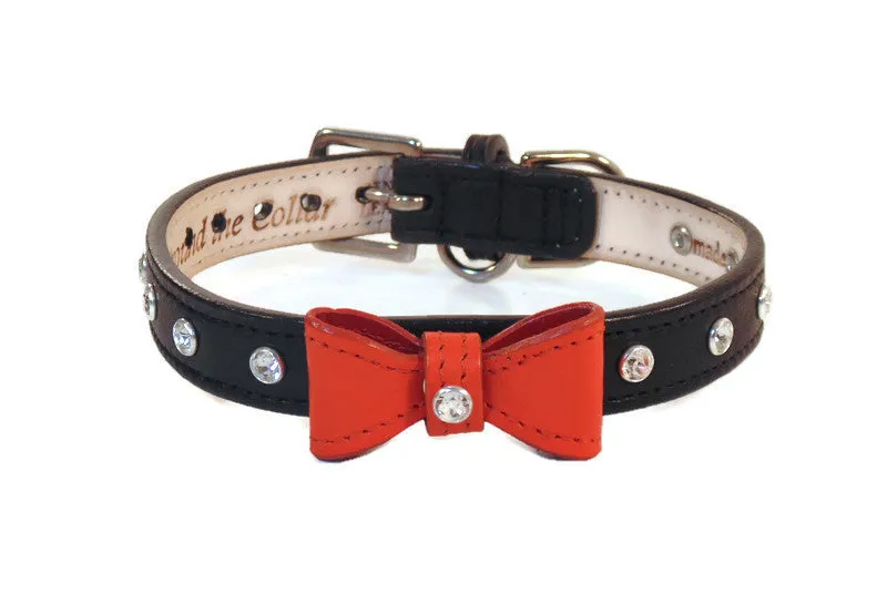Brie Small or Medium Size Bow Leather Collar with Austrian Crystals on Collar & Loop