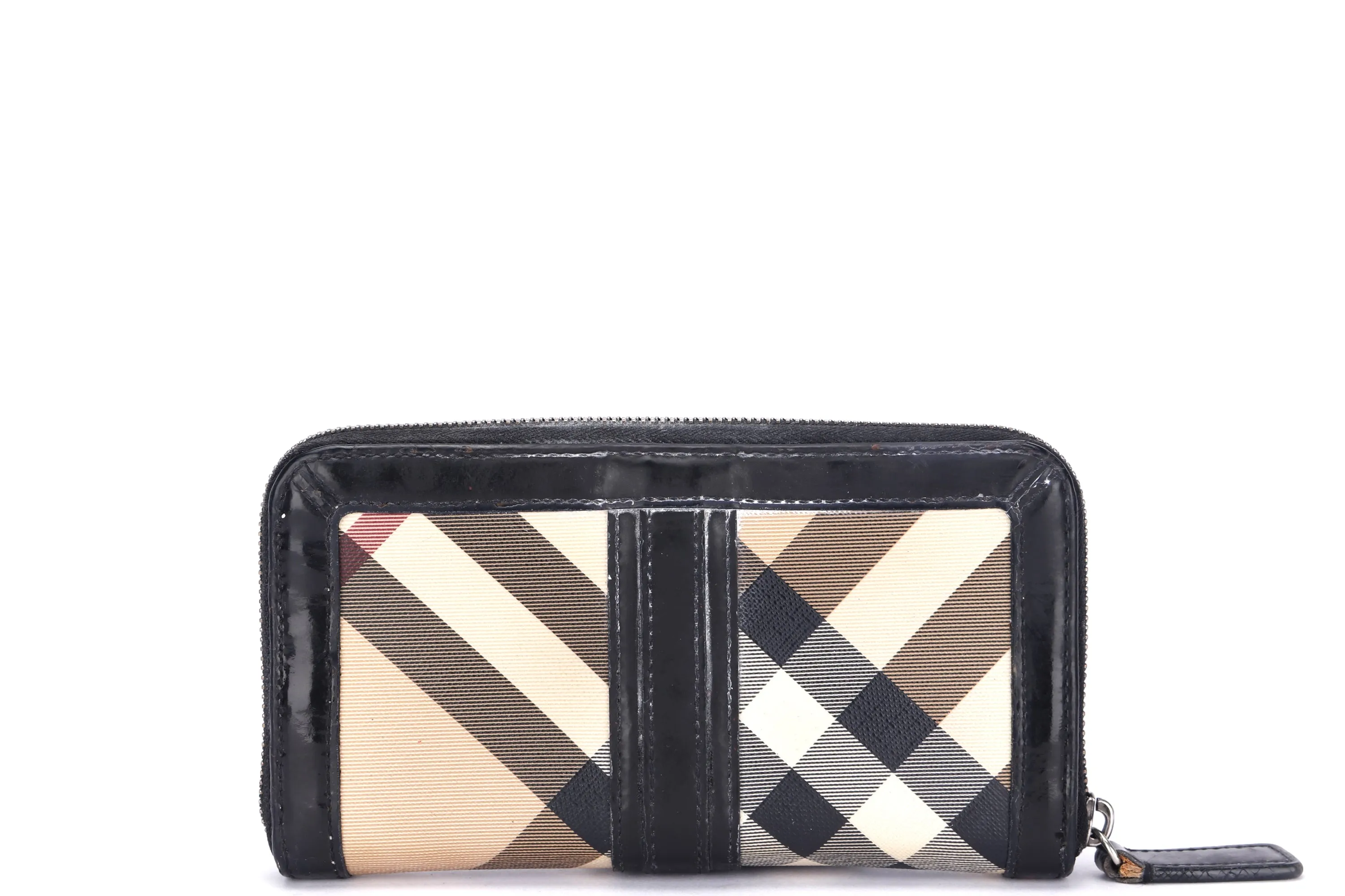 BURBERRY BLACK LEATHER NOVA CHECK ZIP OVER LONG WALLET, NO DUST COVER & BOX