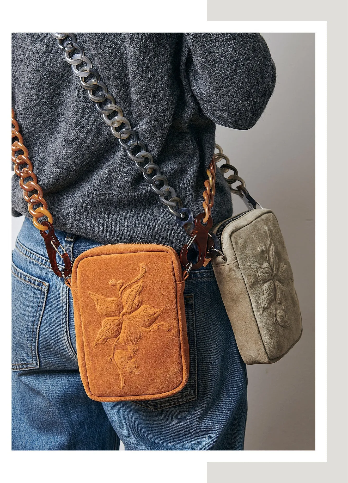 CAMERA BAG -FLOWER SUEDE CURRY