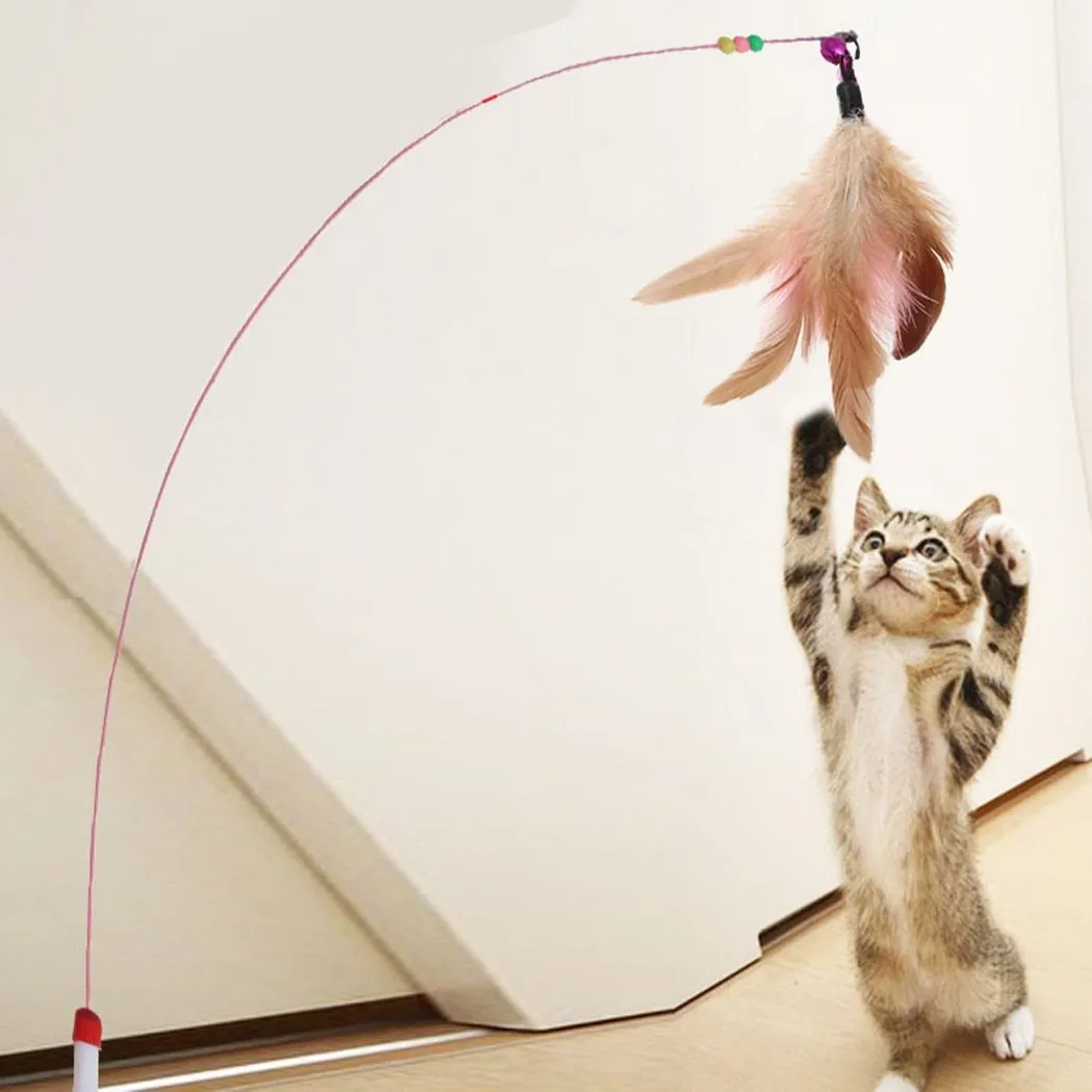 Cat Interactive Toy Stick Feather Wand With Small Bell Mouse Cage Toys Plastic Artificial Colorful Cat Teaser Toy Pet Supplies