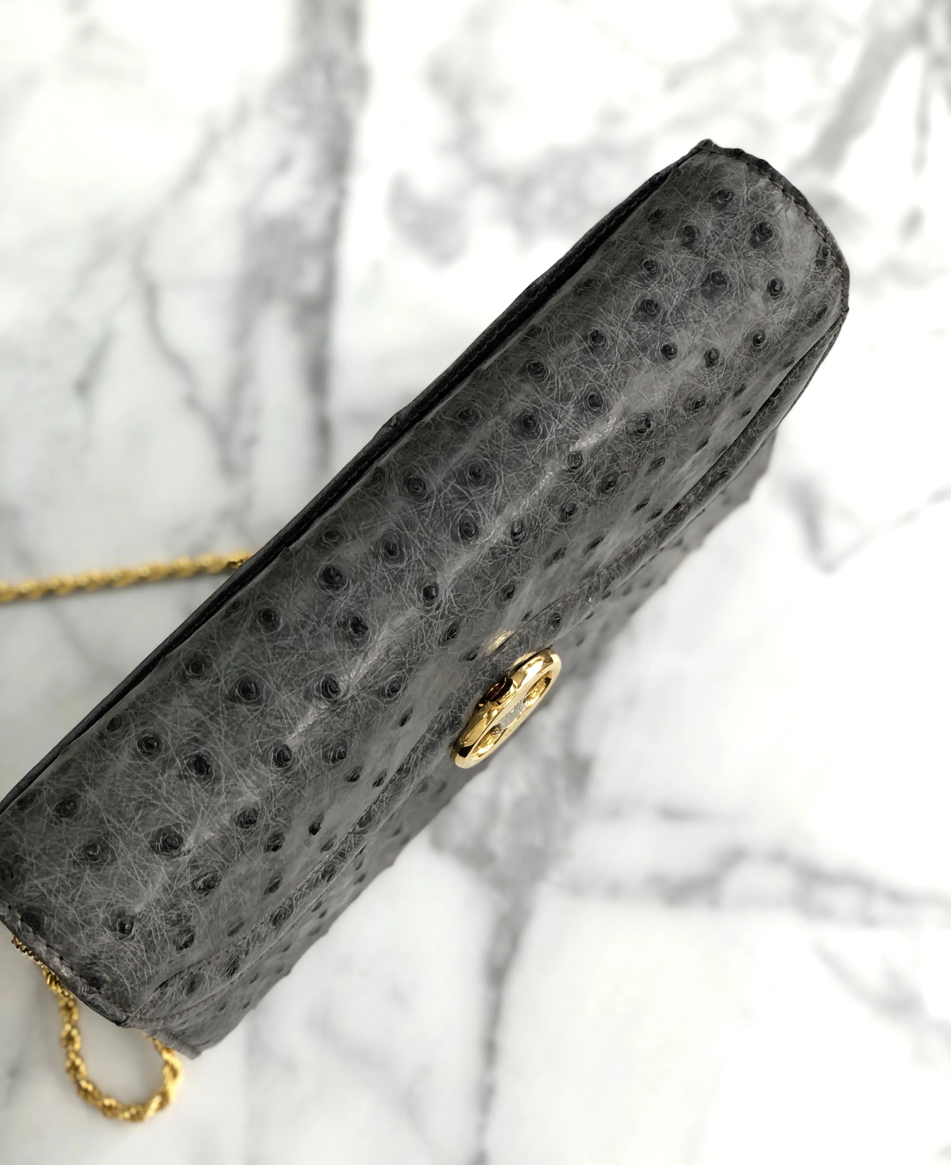 CELINE Blason Triomphe Ostrich Two way Chain Shoulder Bag Clutch bag Gray Old Celine Vintage vybyhv