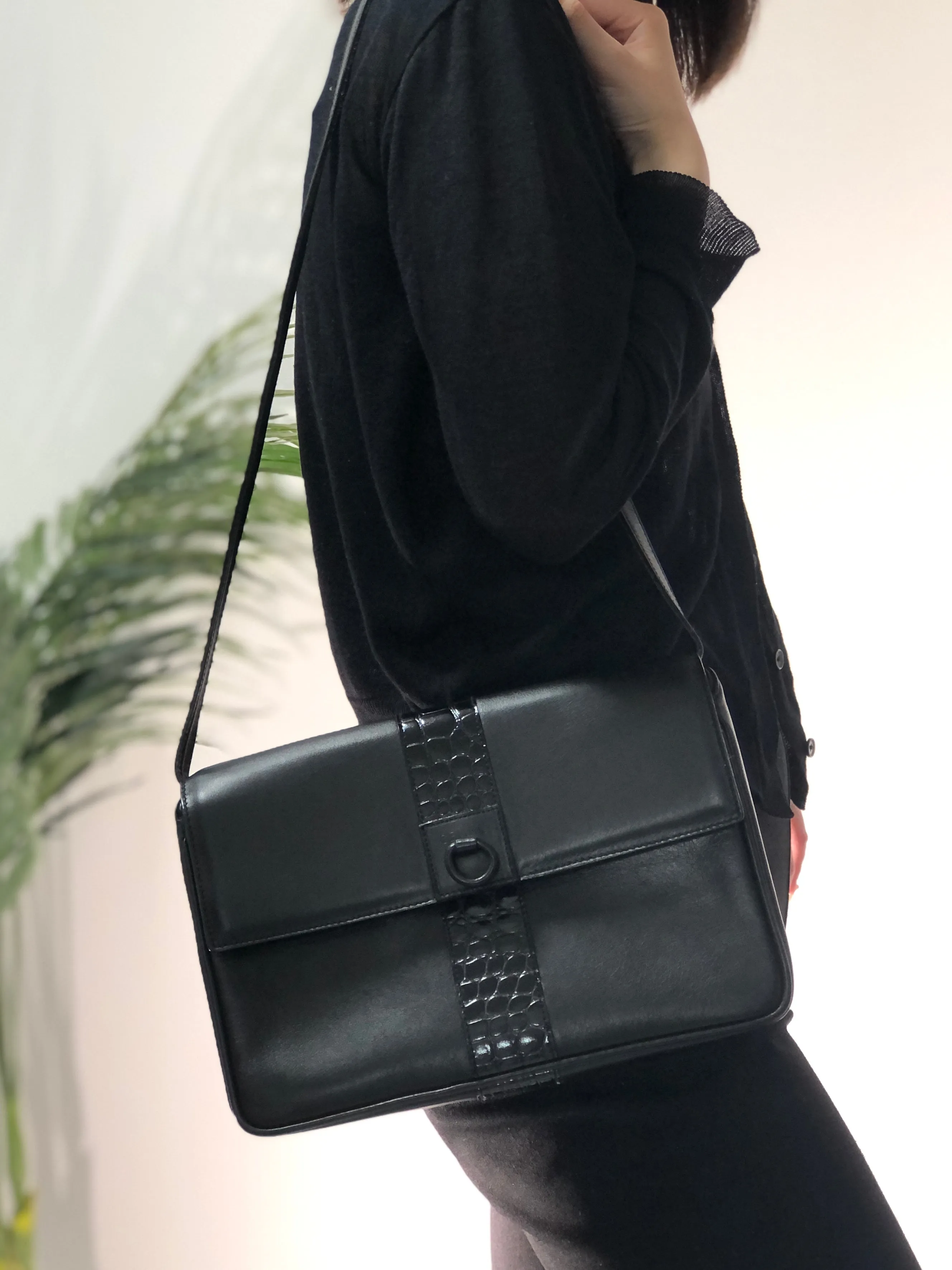CELINE Gancini Leather Shoulder bag Clutch bag Black Vintage Old Celine 6ehwcp
