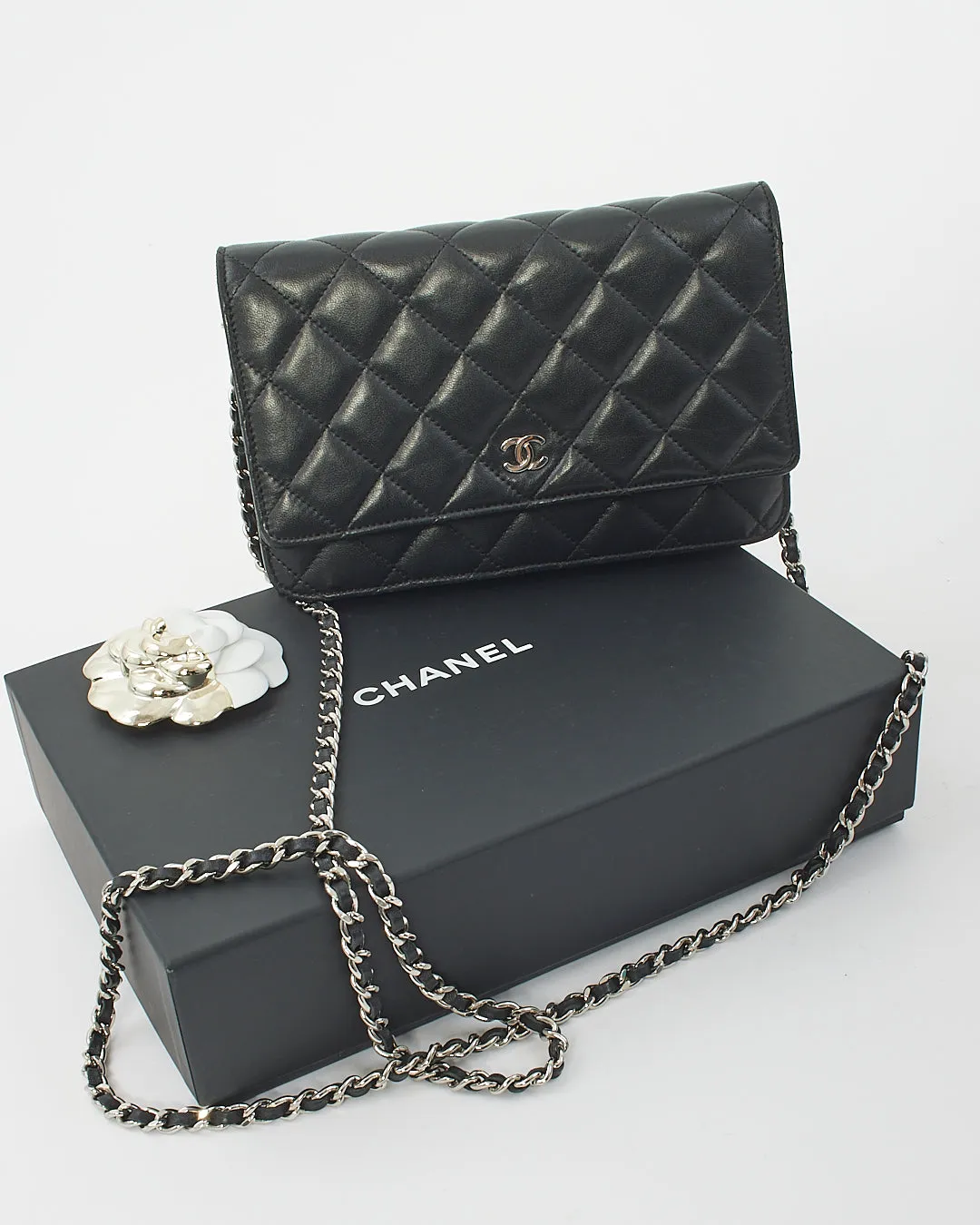 Chanel Black Lambskin Leather with Silver Hardware Wallet On Chain