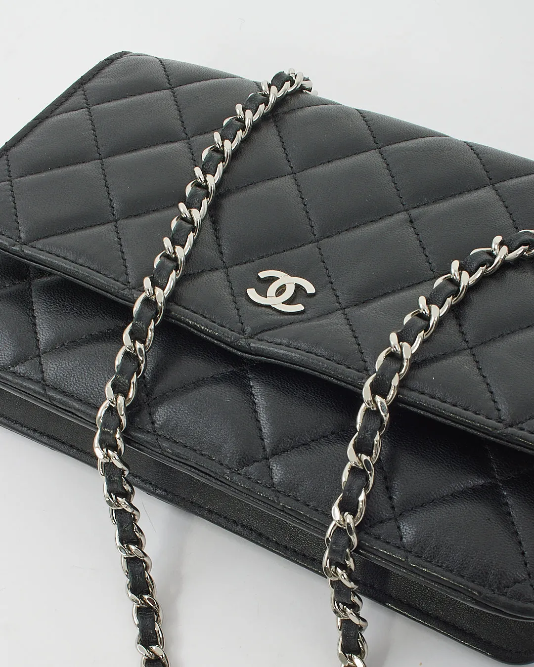 Chanel Black Lambskin Leather with Silver Hardware Wallet On Chain