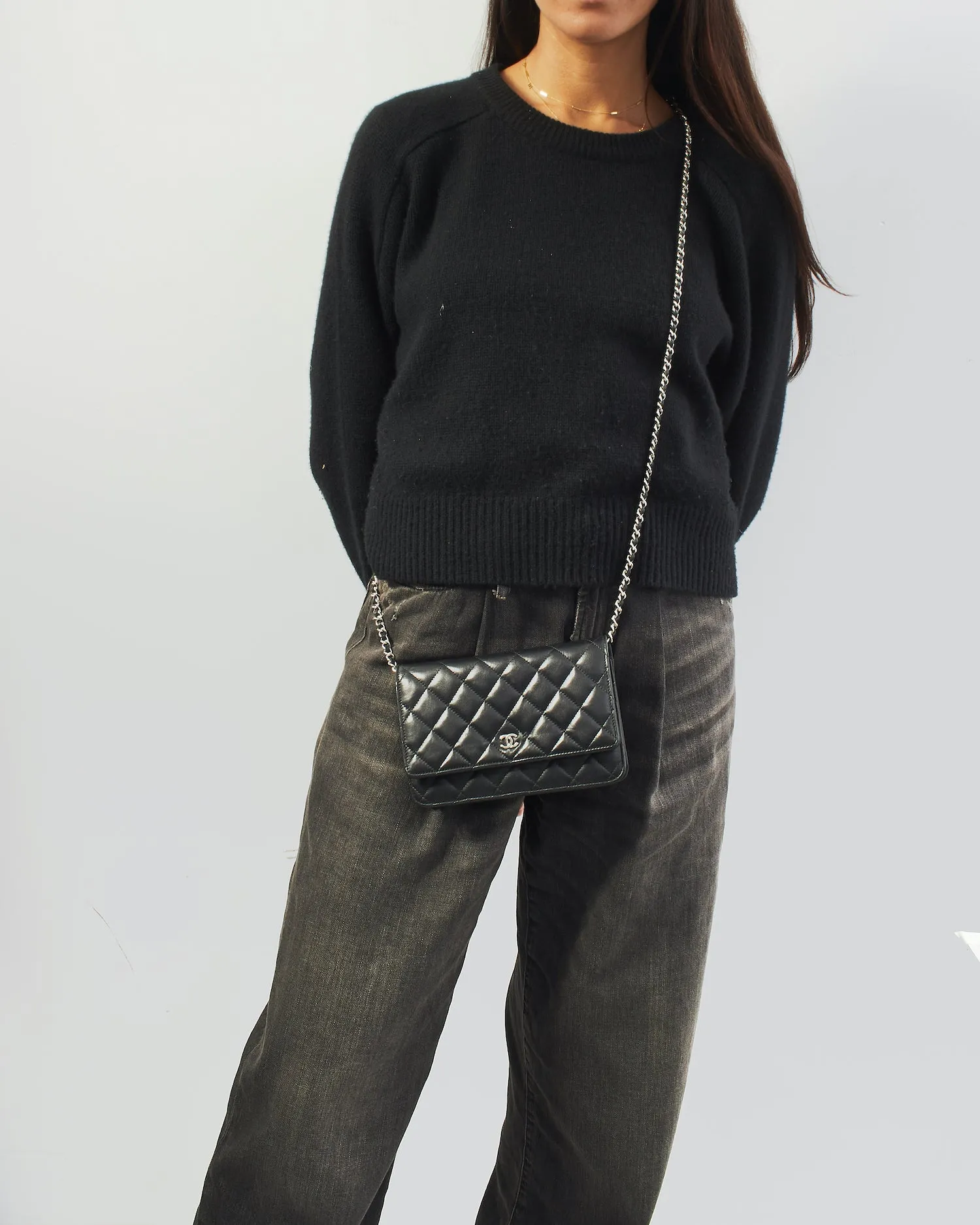 Chanel Black Lambskin Leather with Silver Hardware Wallet On Chain