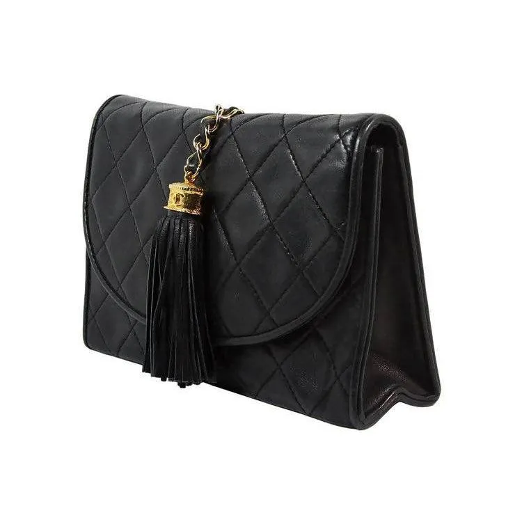 CHANEL Black Leather Quilted Crossbody Bag with Tassel
