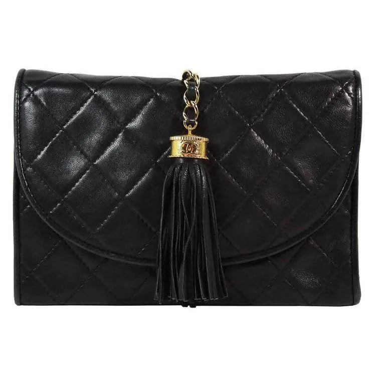 CHANEL Black Leather Quilted Crossbody Bag with Tassel