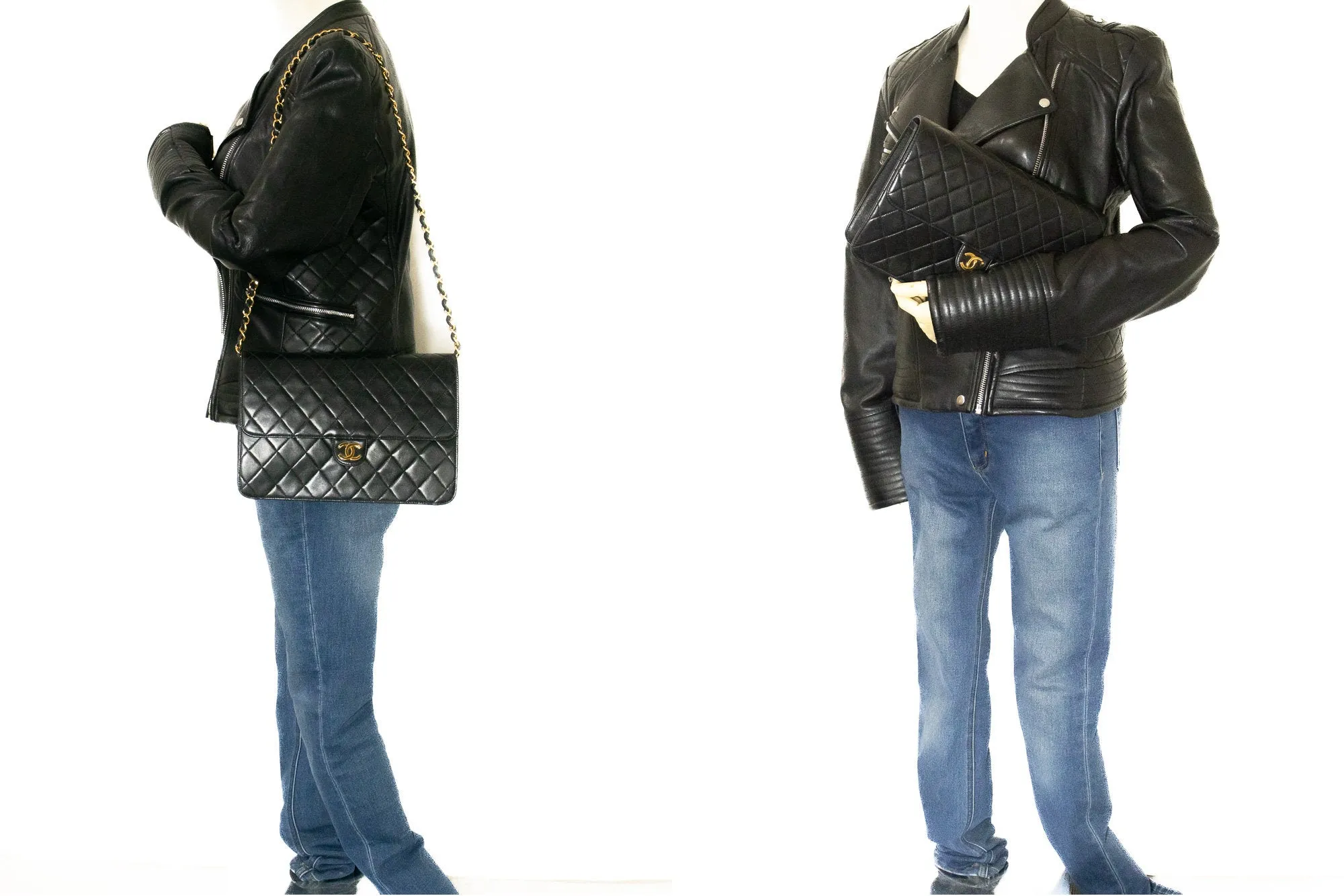 CHANEL Chain Shoulder Bag Clutch Black Quilted Flap Lambskin Purse k13