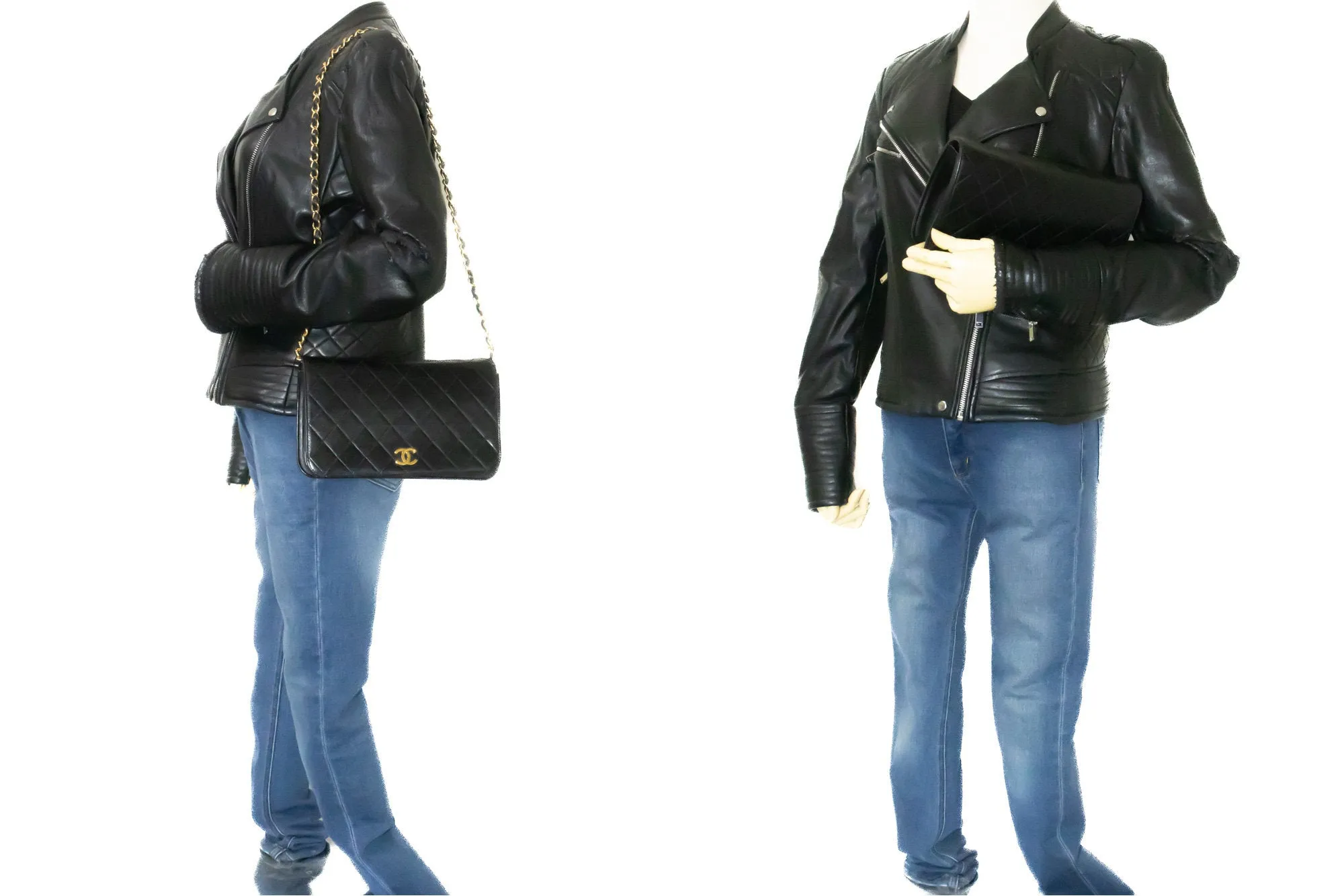 CHANEL Full Flap Chain Shoulder Bag Clutch Black Quilted Lambskin n29