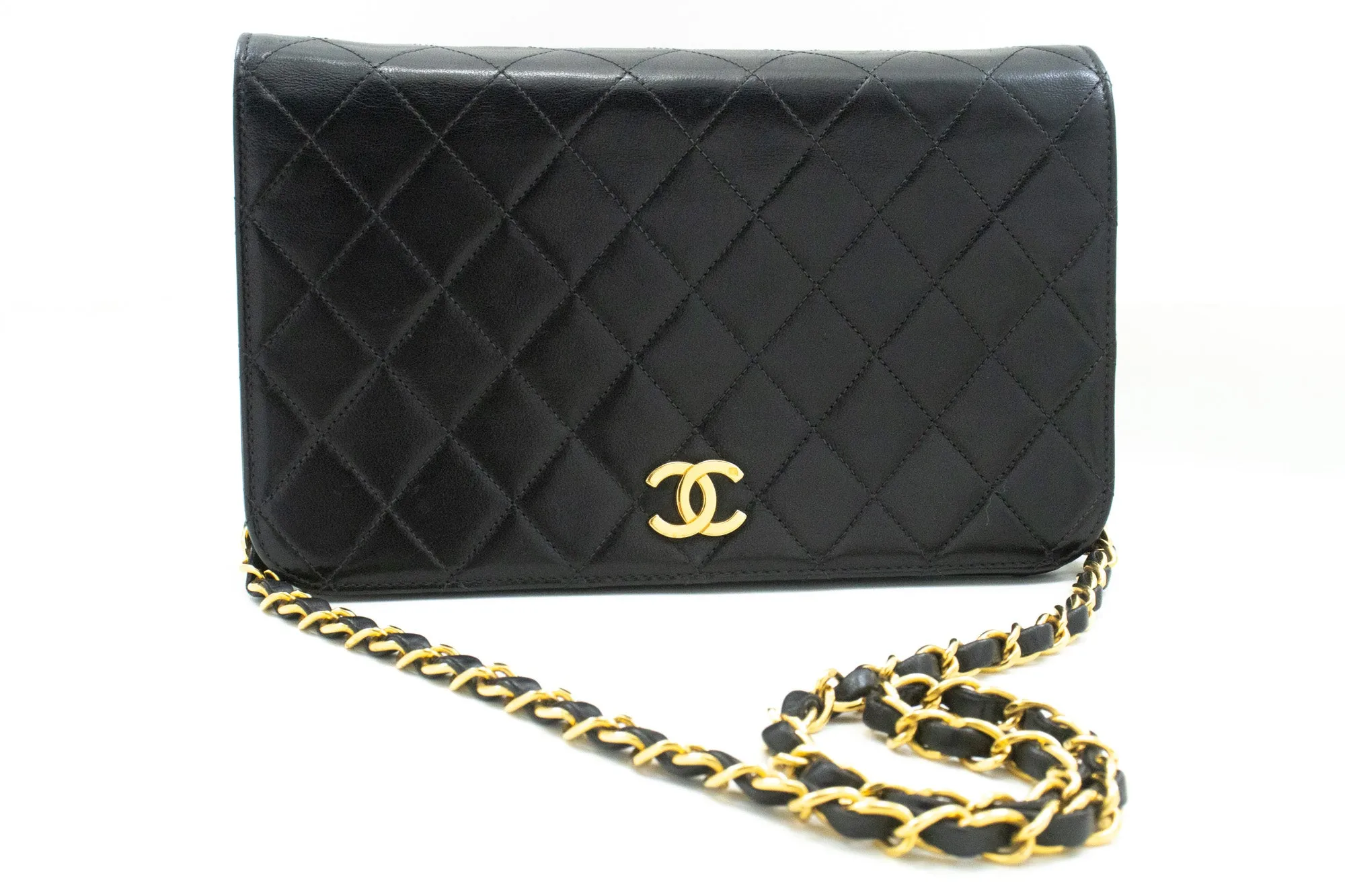 CHANEL Full Flap Chain Shoulder Bag Clutch Black Quilted Lambskin n29