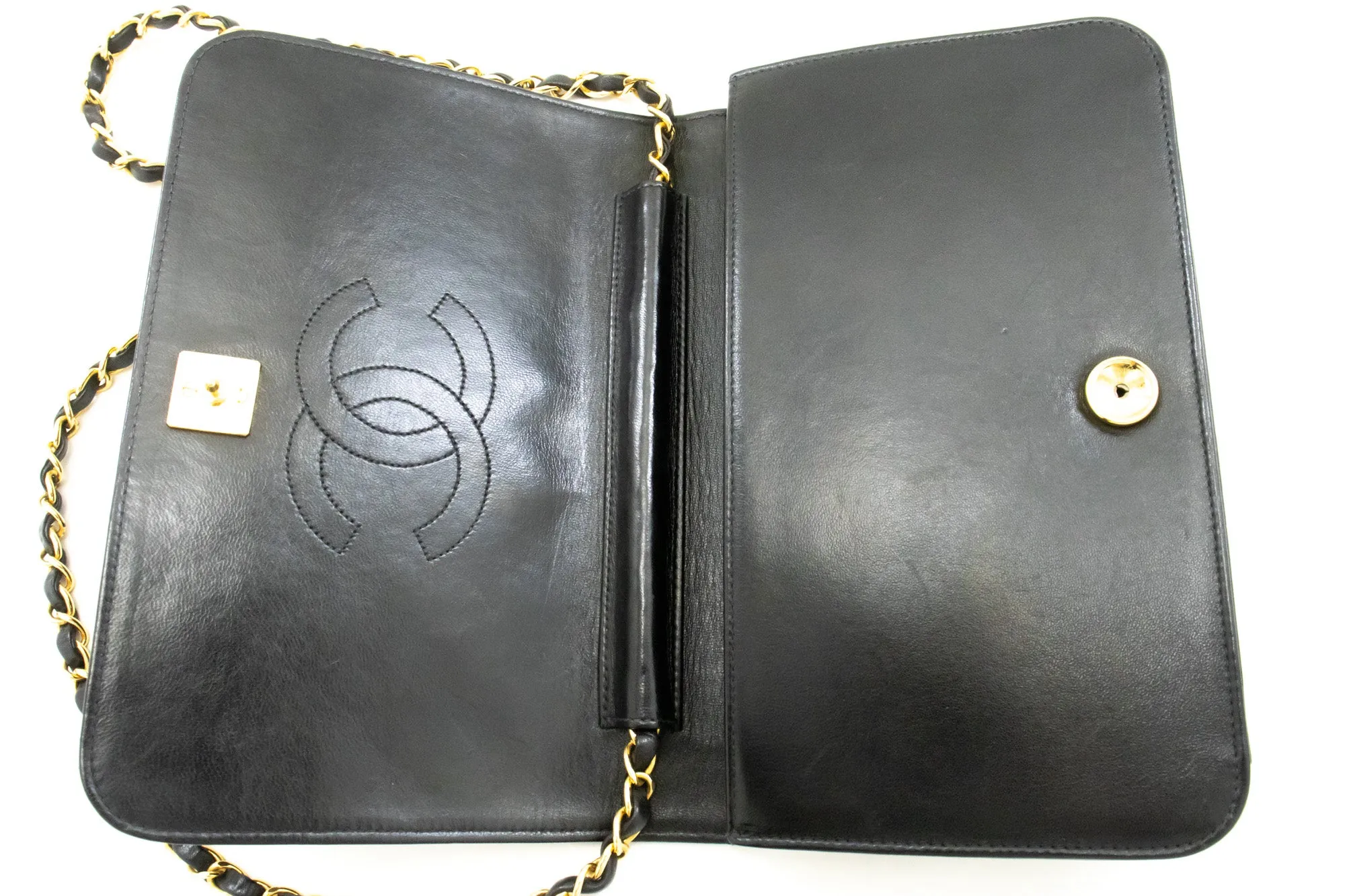 CHANEL Full Flap Chain Shoulder Bag Clutch Black Quilted Lambskin n29