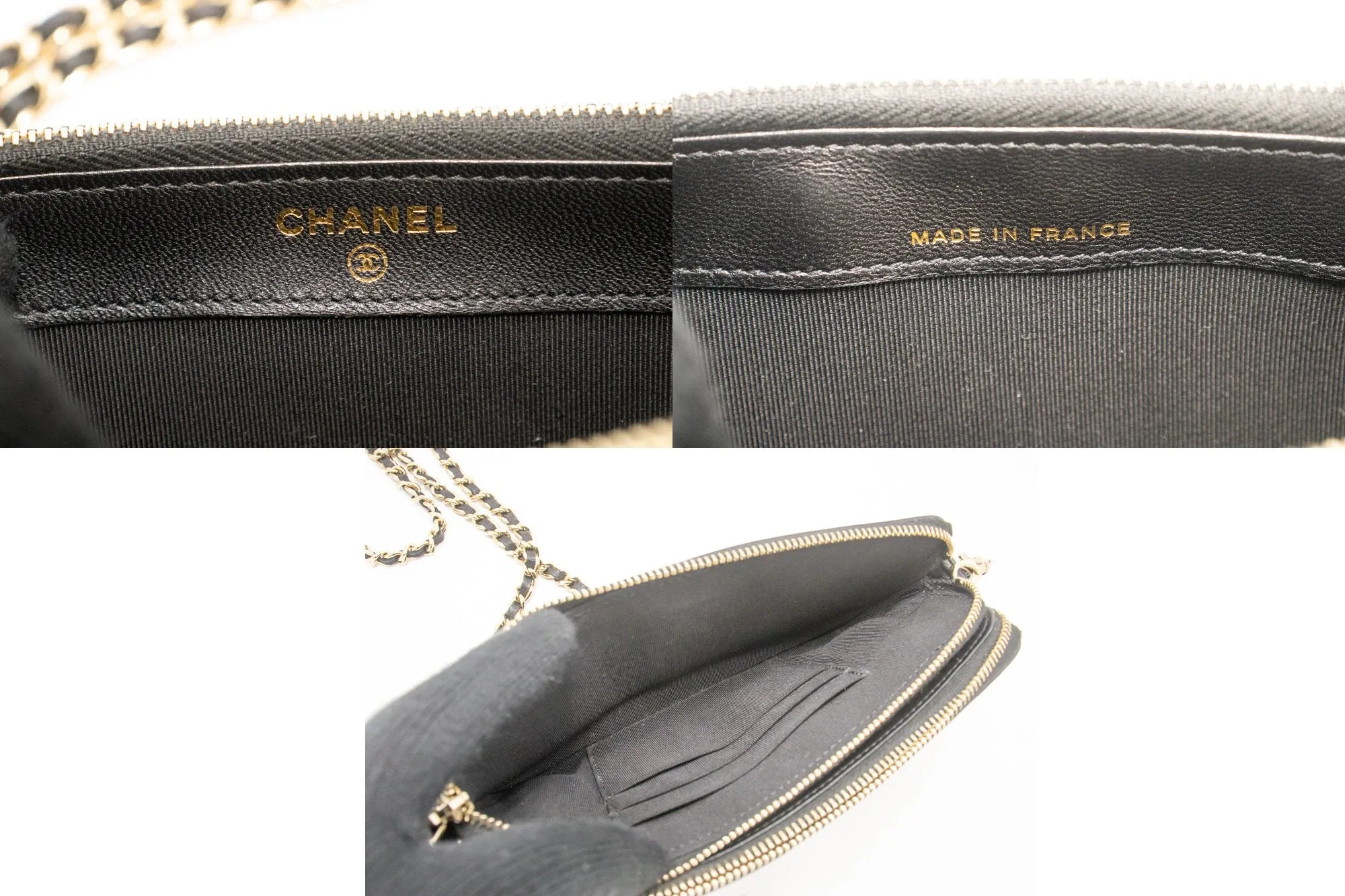 CHANEL V-Stitch Lambskin Wallet On Chain WOC Double Zip Chain Bag L14