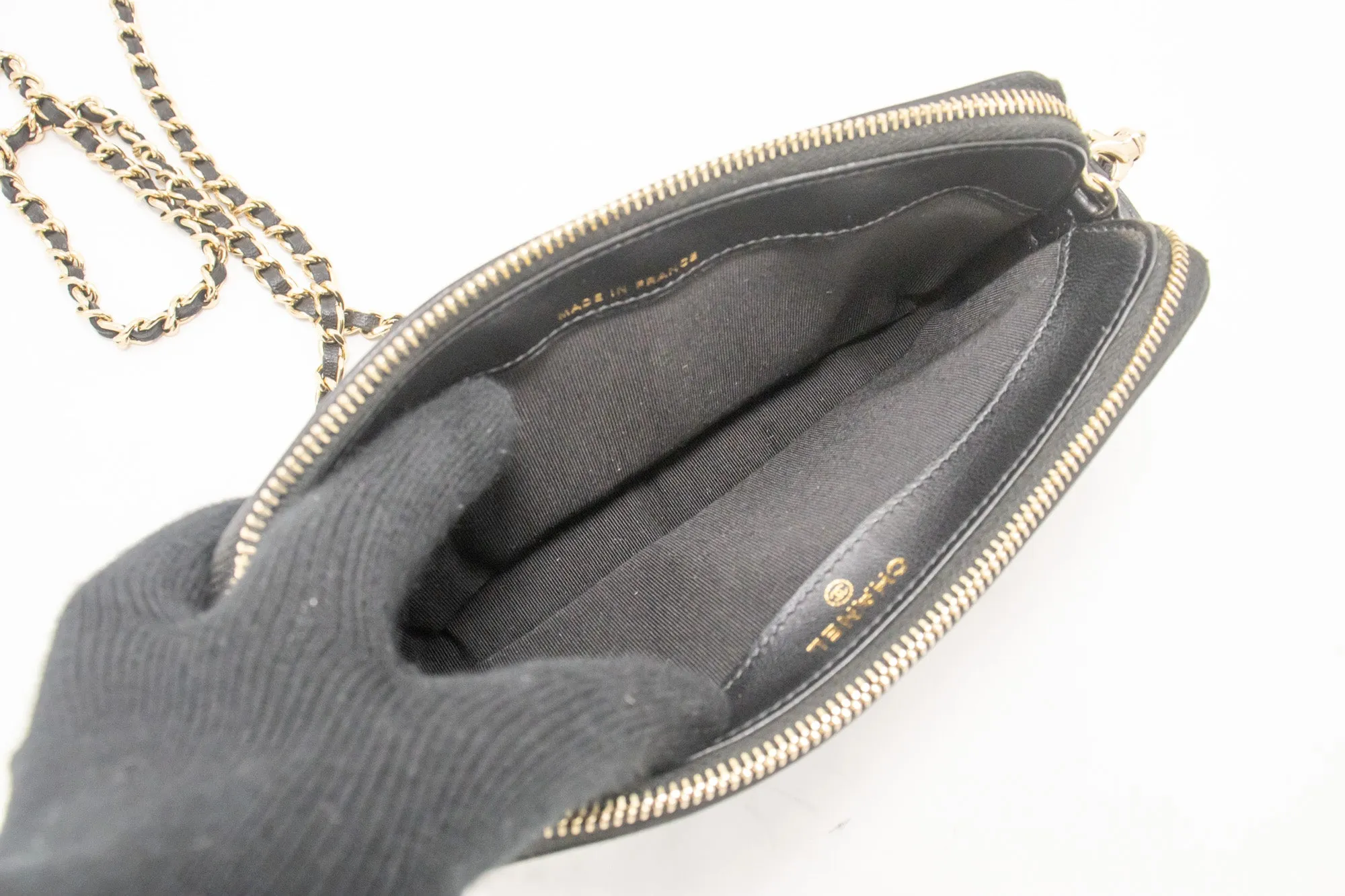 CHANEL V-Stitch Lambskin Wallet On Chain WOC Double Zip Chain Bag L14