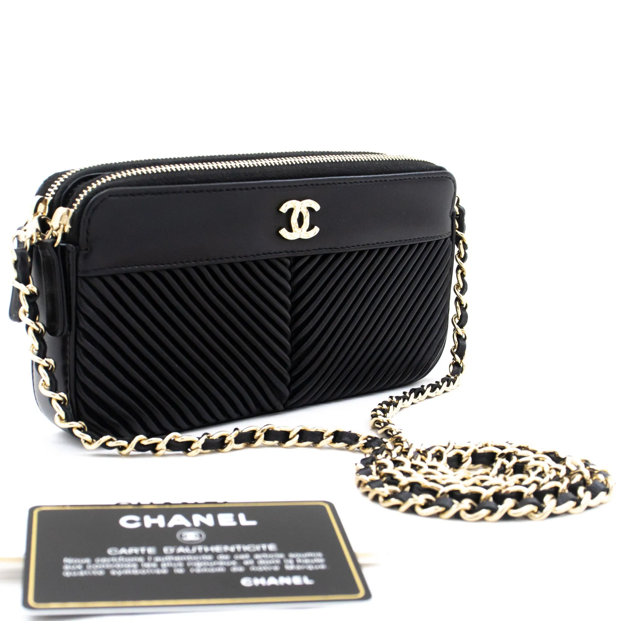 CHANEL V-Stitch Lambskin Wallet On Chain WOC Double Zip Chain Bag L14