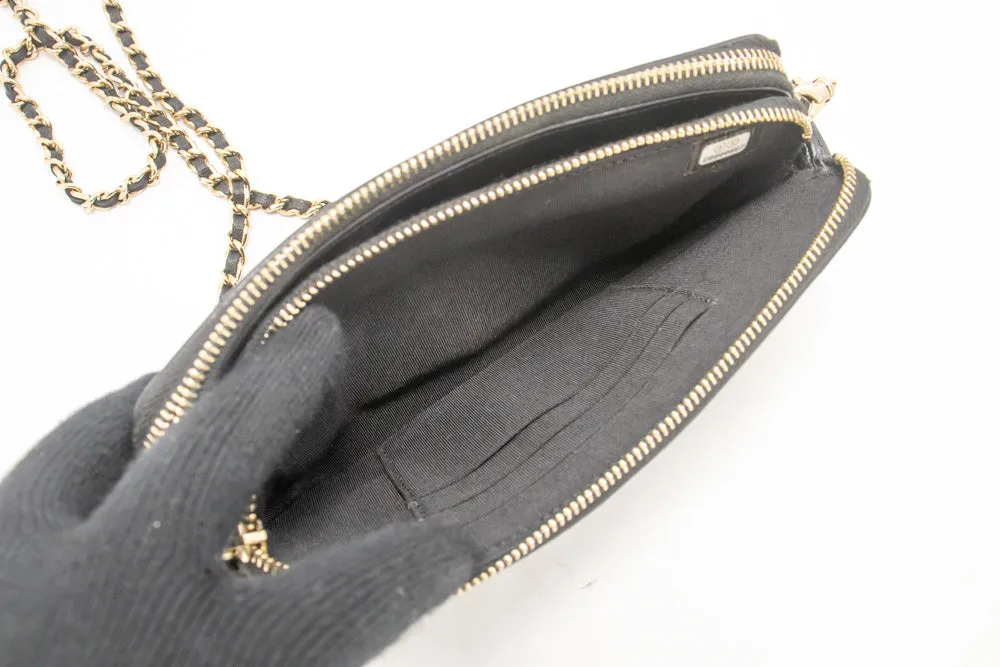 CHANEL V-Stitch Lambskin Wallet On Chain WOC Double Zip Chain Bag L14
