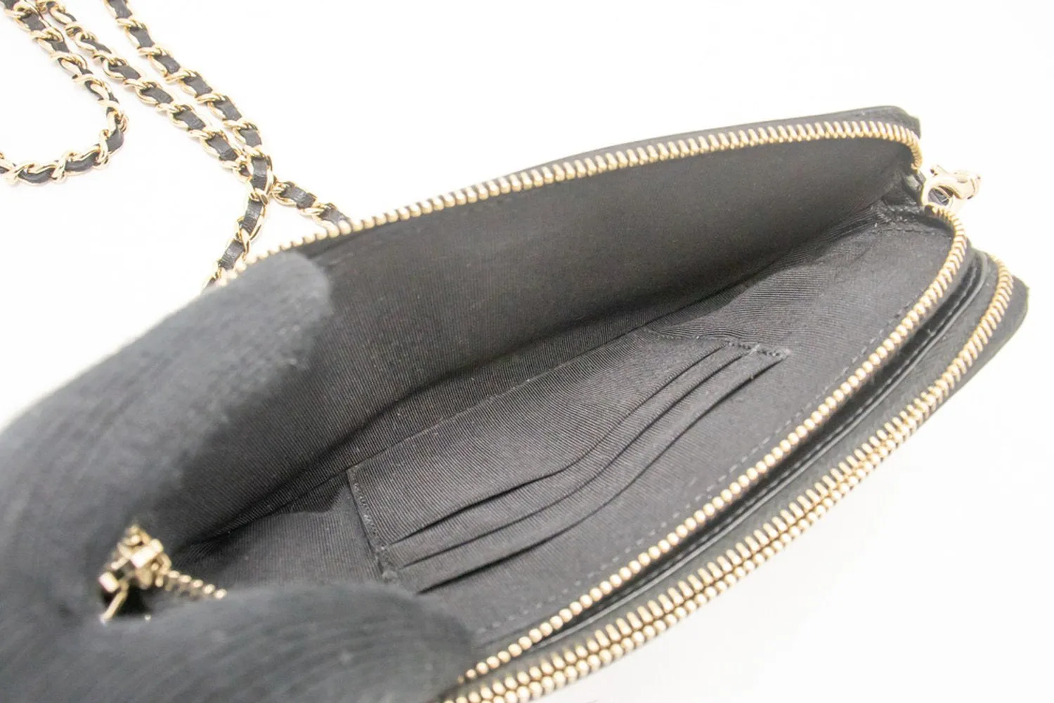 CHANEL V-Stitch Lambskin Wallet On Chain WOC Double Zip Chain Bag L14