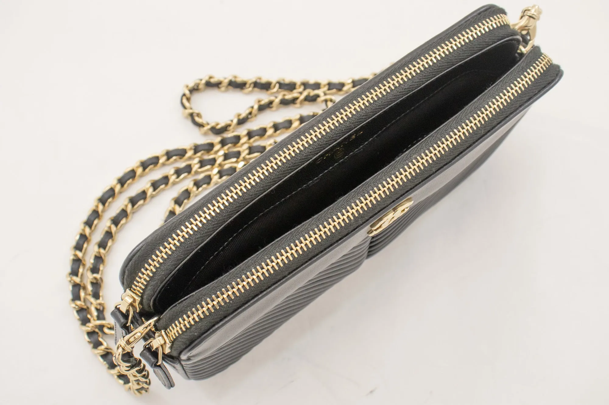 CHANEL V-Stitch Lambskin Wallet On Chain WOC Double Zip Chain Bag L14