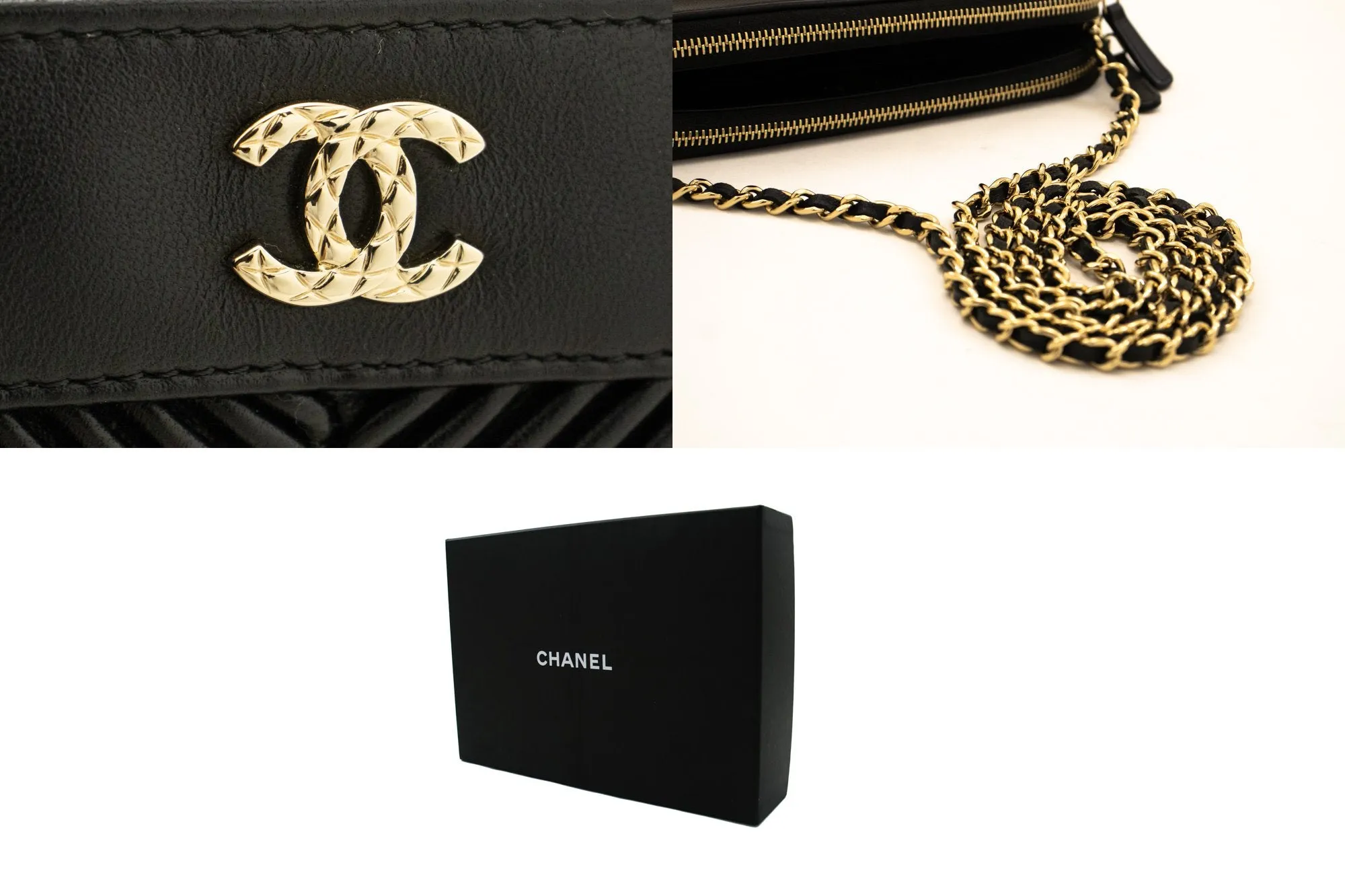 CHANEL V-Stitch Lambskin Wallet On Chain WOC Double Zip Chain Bag L14