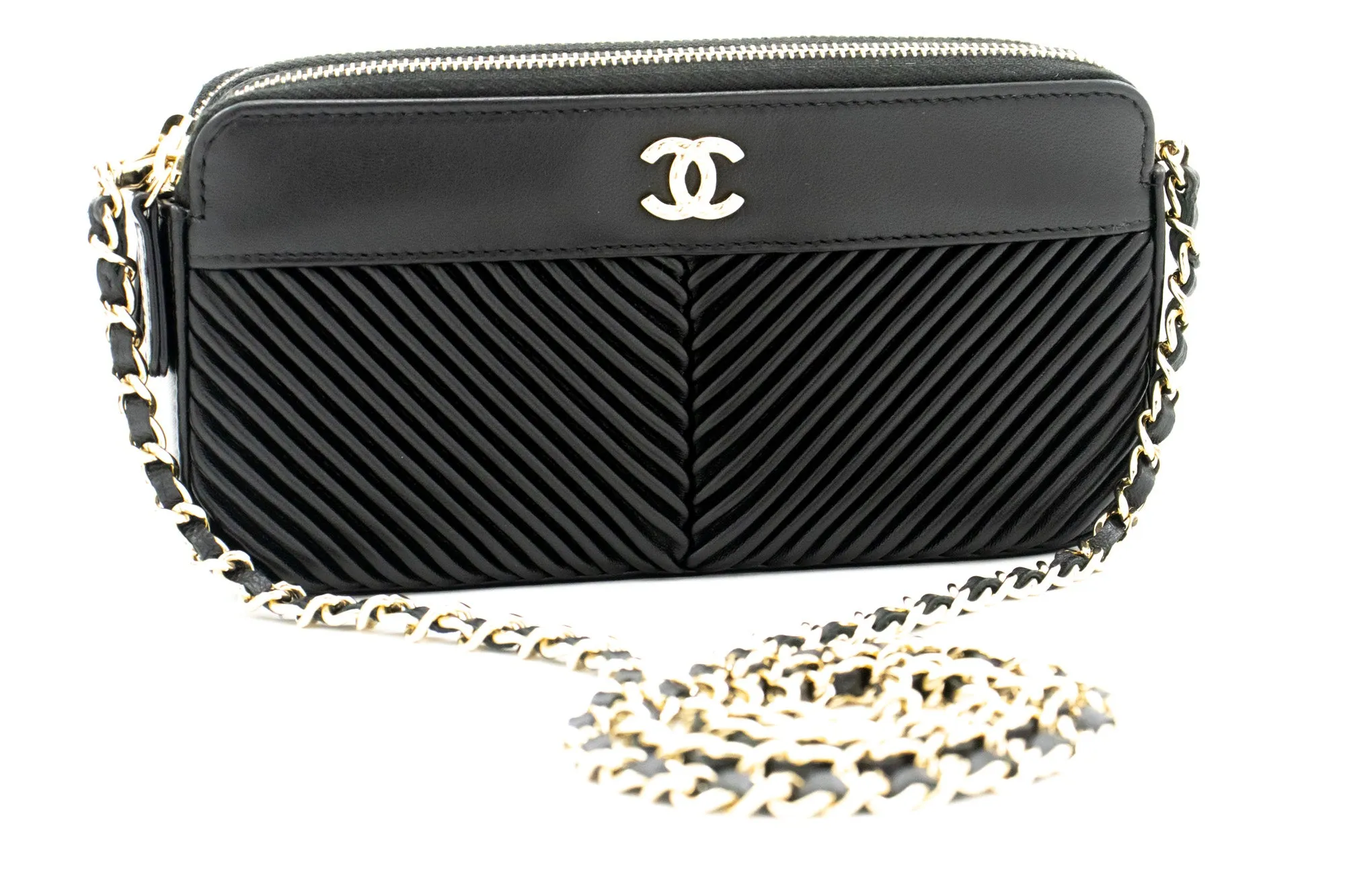 CHANEL V-Stitch Lambskin Wallet On Chain WOC Double Zip Chain Bag L14