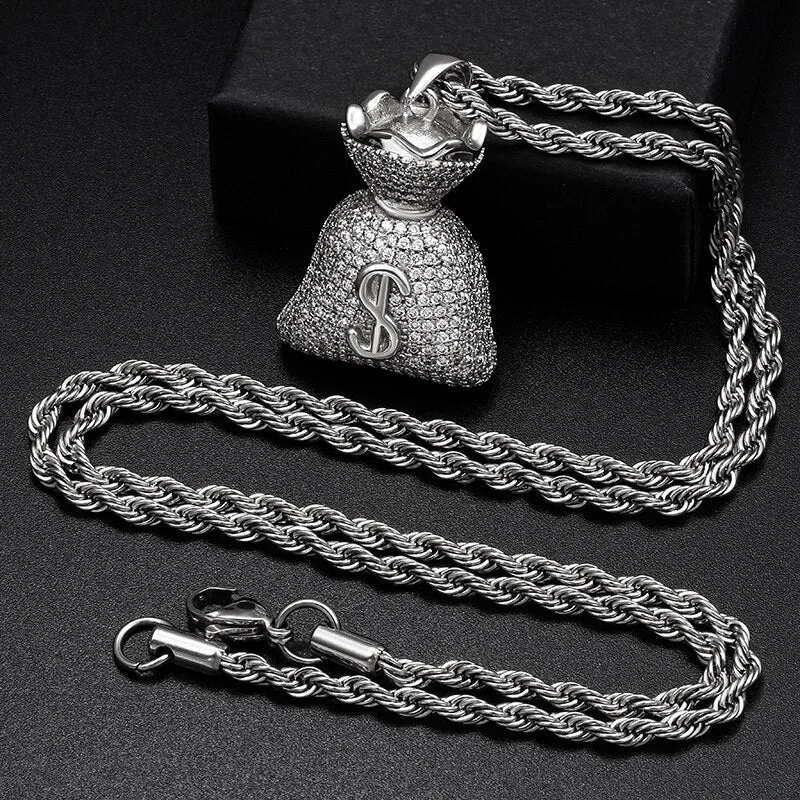 Classic US Dollar Money Bag Pendant necklace Double Side Charm Gold Silver Cubic Zircon Men's Hip Hop Jewelry Free Cuban Chain