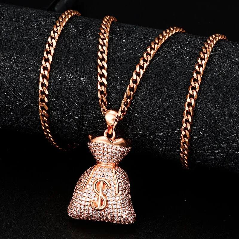 Classic US Dollar Money Bag Pendant necklace Double Side Charm Gold Silver Cubic Zircon Men's Hip Hop Jewelry Free Cuban Chain