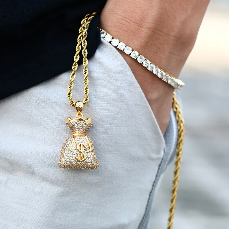 Classic US Dollar Money Bag Pendant necklace Double Side Charm Gold Silver Cubic Zircon Men's Hip Hop Jewelry Free Cuban Chain