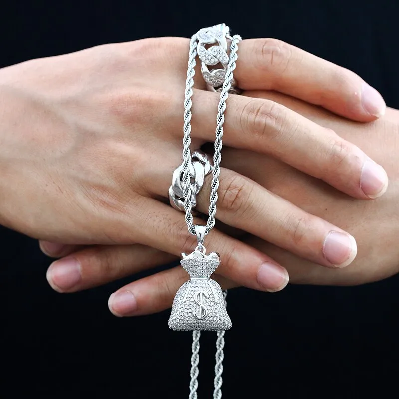 Classic US Dollar Money Bag Pendant necklace Double Side Charm Gold Silver Cubic Zircon Men's Hip Hop Jewelry Free Cuban Chain