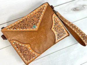Cowhide and Tooled Leather Wristlet Crossbody Combo Bag