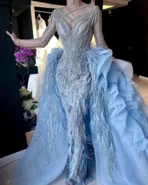 crystal beaded prom dresses long sleeve detachable skirt feather tiered prom gown vestido de fiesta