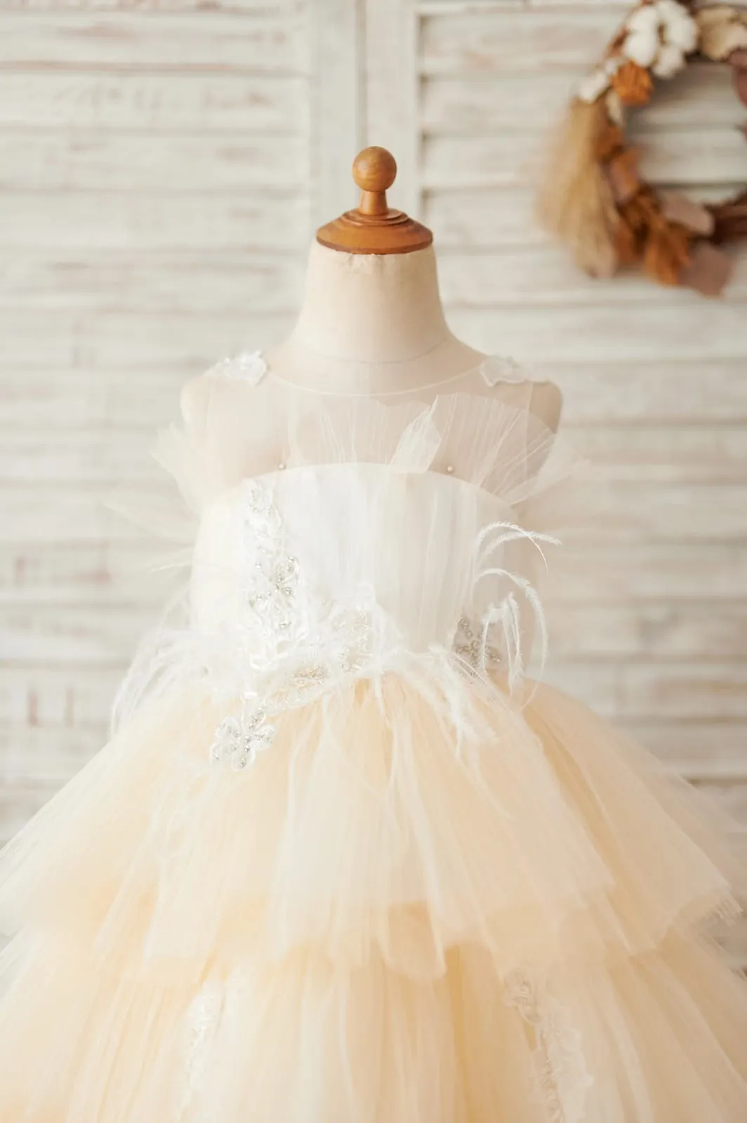 Cupcake Champagne Tulle Beaded Lace Wedding Flower Girl Dress