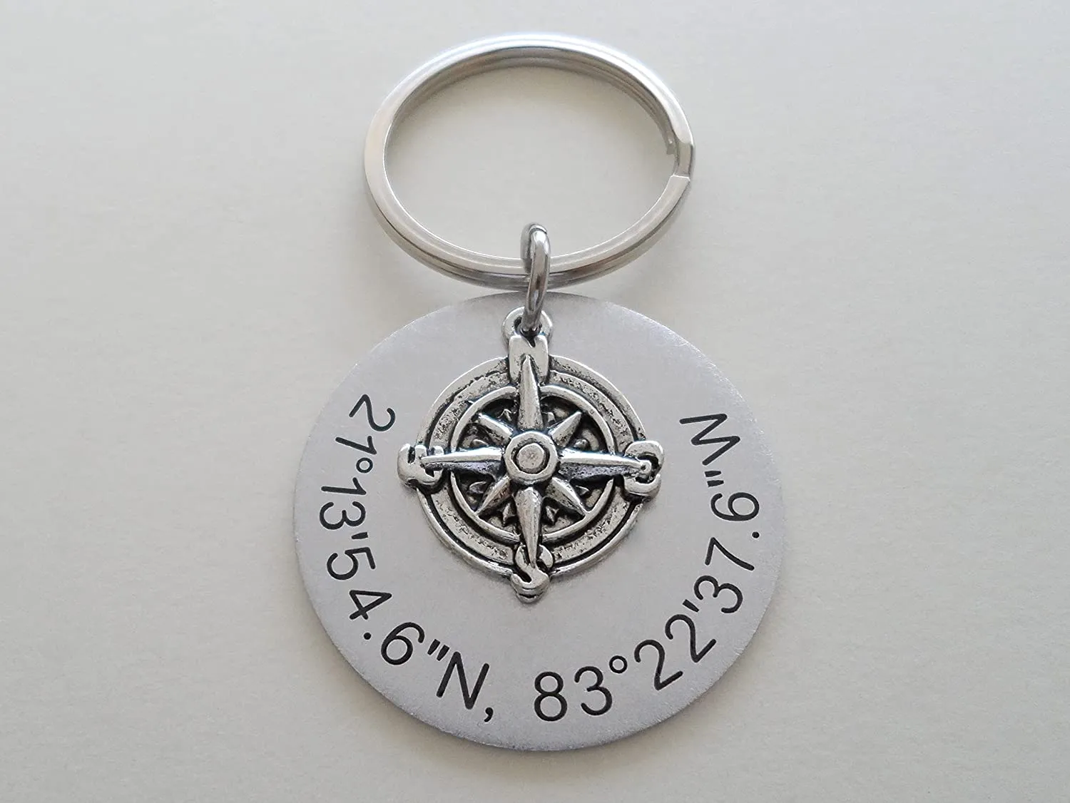 Custom Engraved Coordinates Keychain Aluminum Disc with Compass Charm, Anniversary Gift Keychain, Special Occasion GPS Keychain