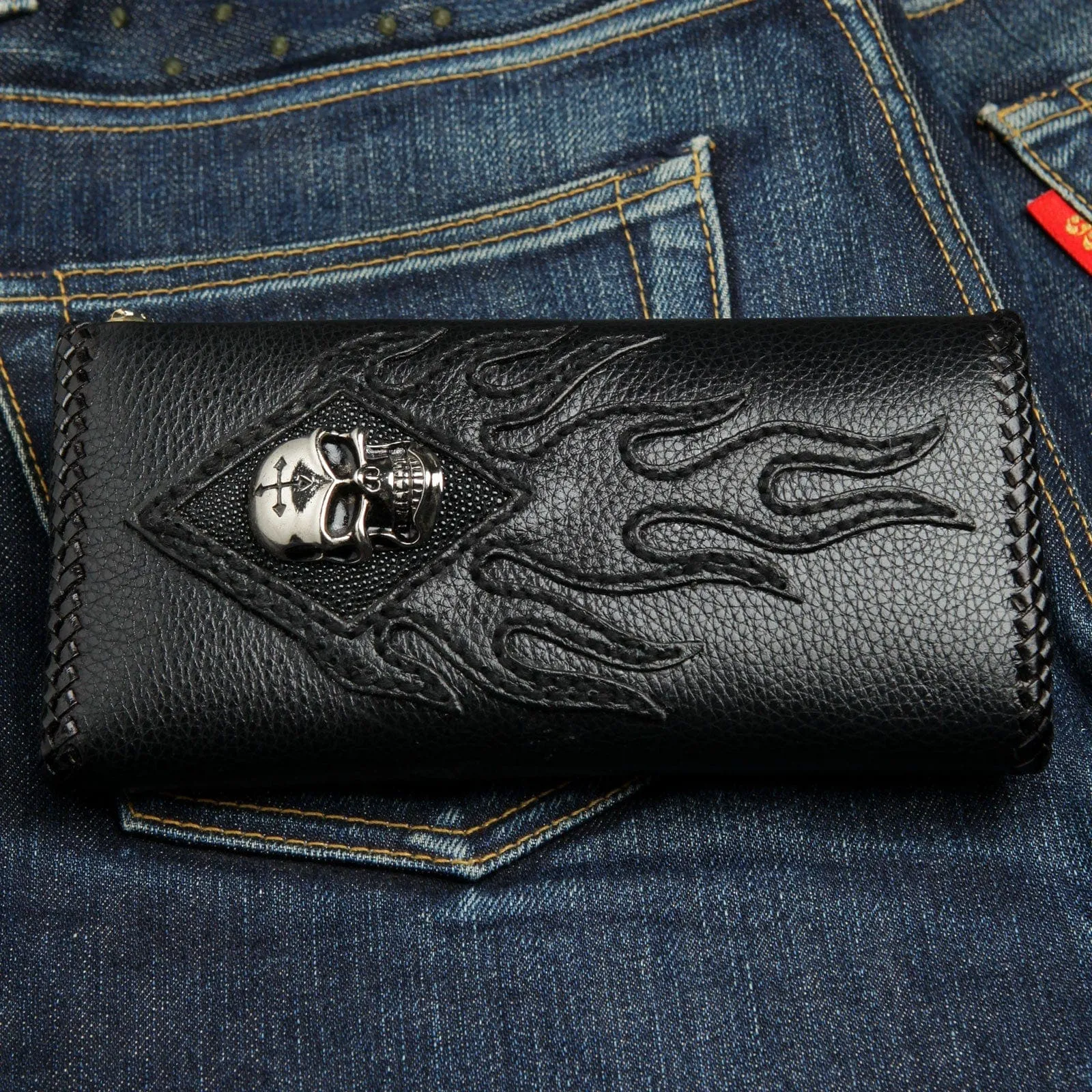 Custom Skull Stingray Inlaid Genuine Leather Biker Chain Wallet