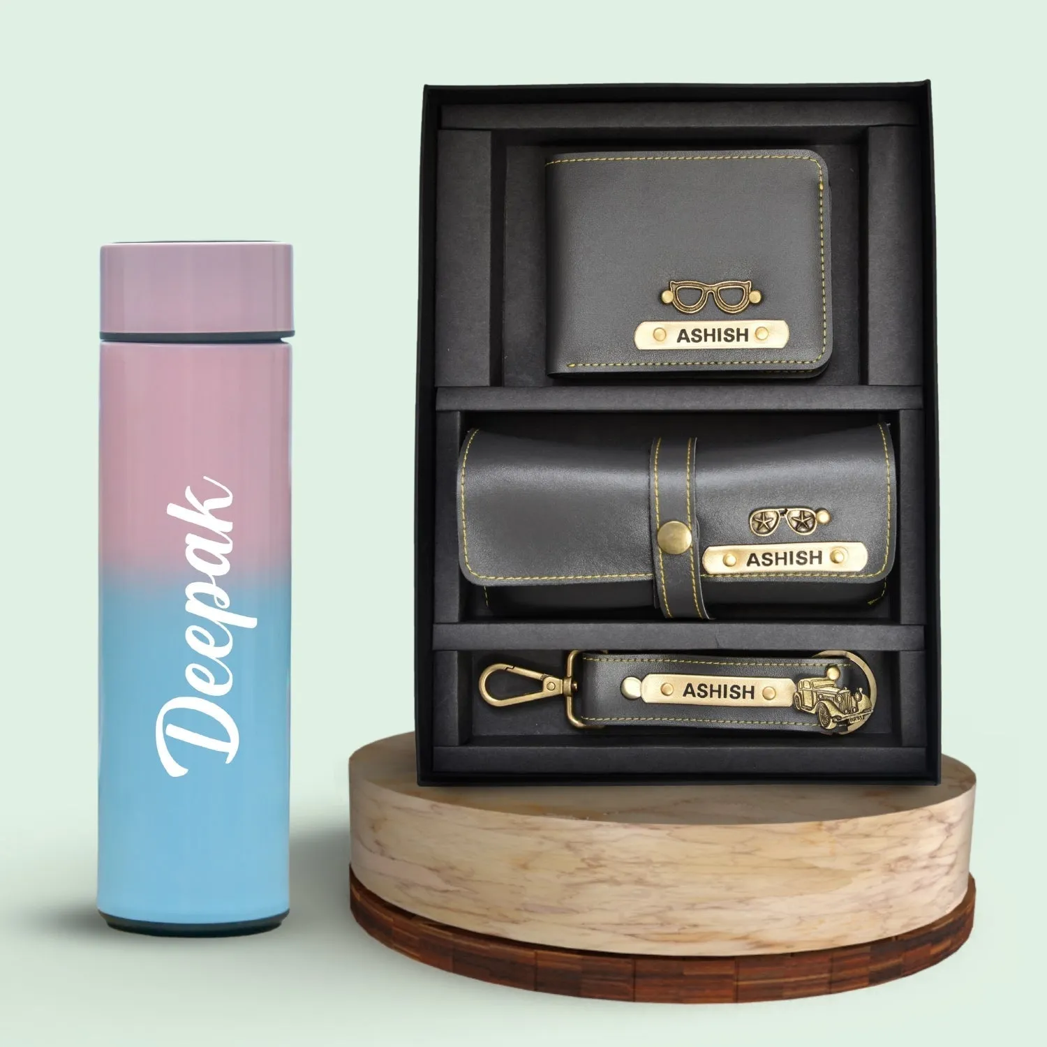 Customized Bottle with Temperature display - Pastel Shade 1 & All in One Men's Combo (3 pcs) - Grey