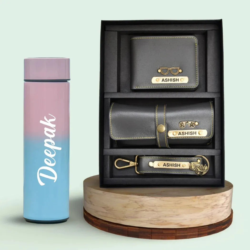 Customized Bottle with Temperature display - Pastel Shade 1 & All in One Men's Combo (3 pcs) - Grey
