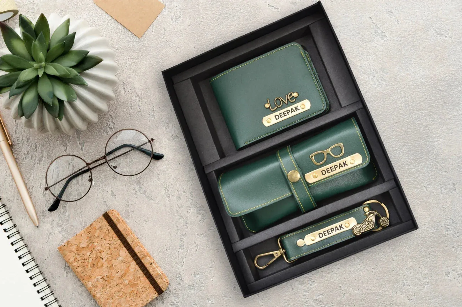 Customized Bottle with Temperature display - Pastel Shade 1 & All in One Men's Combo (3 pcs) - Olive Green