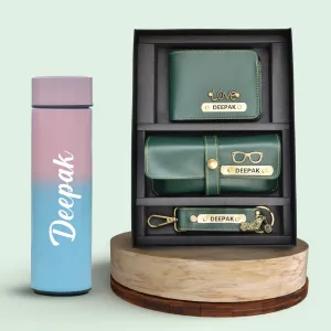 Customized Bottle with Temperature display - Pastel Shade 1 & All in One Men's Combo (3 pcs) - Olive Green