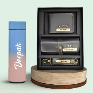 Customized Bottle with Temperature display - Pastel Shade 2 & All in One Men's Combo (3 pcs) - Grey