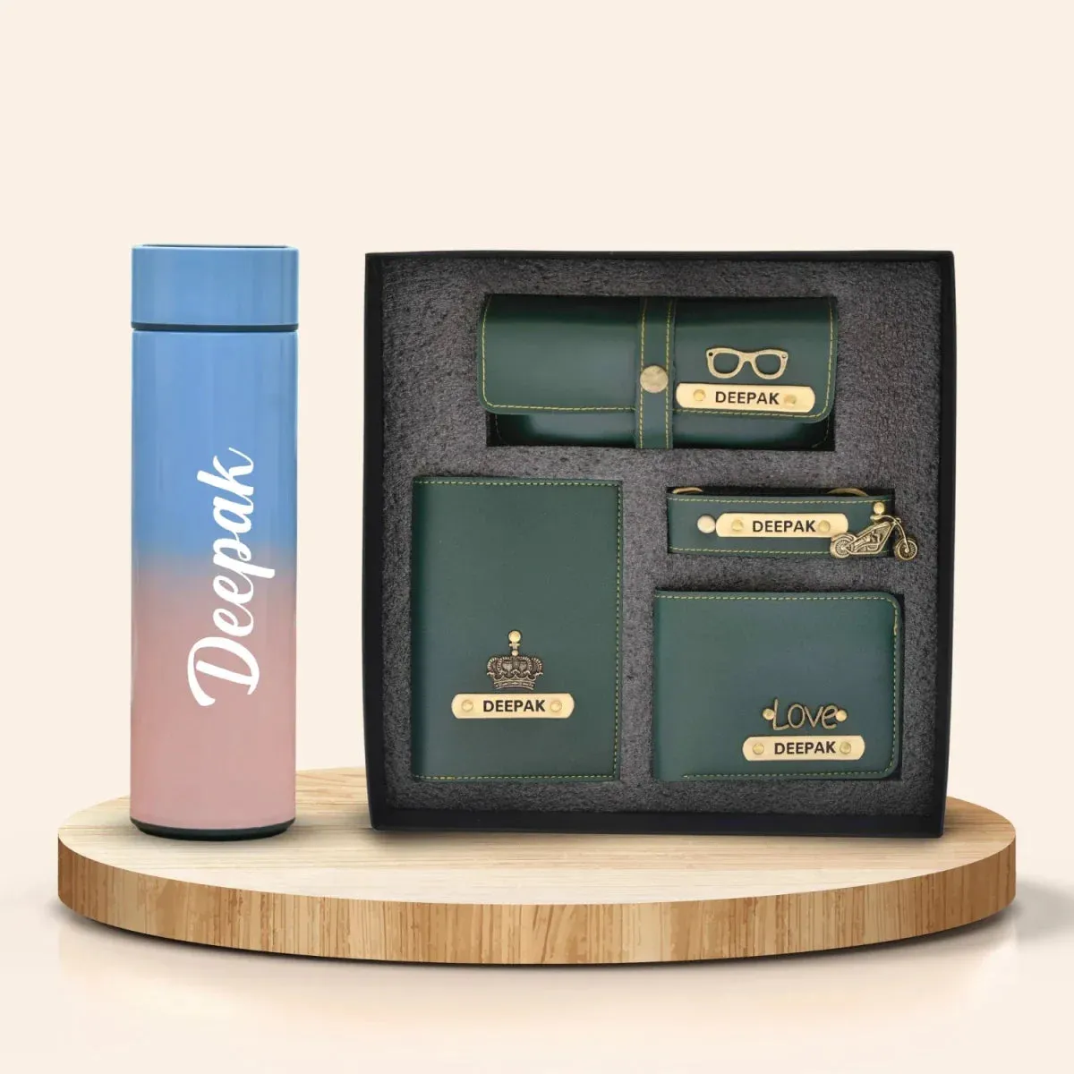 Customized Bottle with Temperature display - Pastel Shade 2 & All in One Men's Combo (4 pcs)  - Olive Green